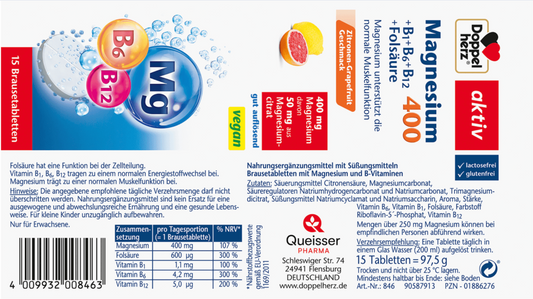 Magnesium 400 + Vitamin B6 + B12 + Folic Acid Effervescent Tablets, 15 pcs, 97.5 g